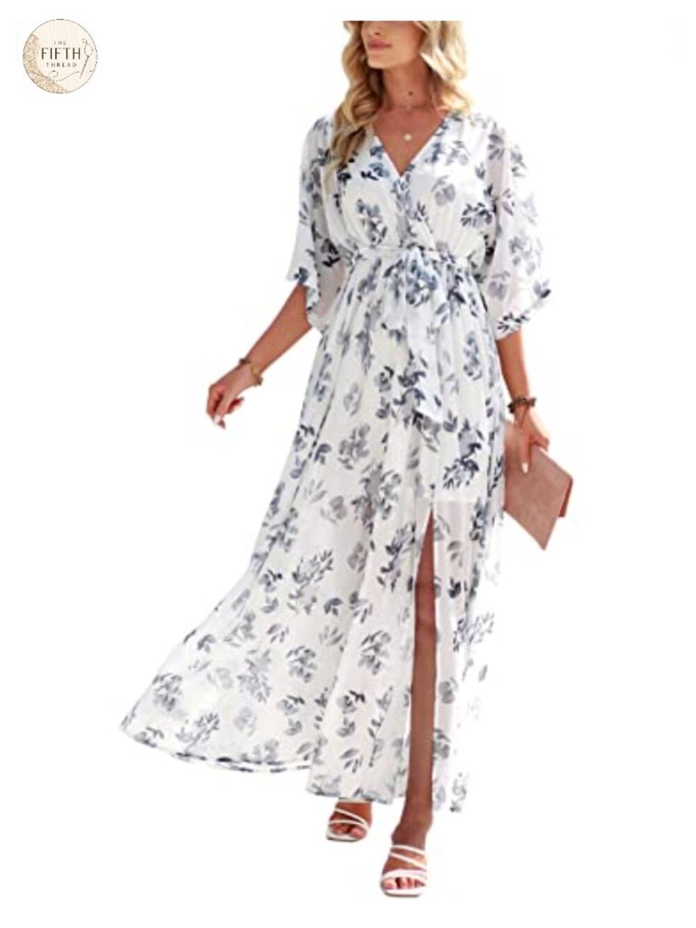 Women's Boho Floral Wrap V-Neck Maxi Dress with Belt, 3/4 Sleeves